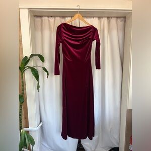 Magenta velvet asymmetrical neck formal gown
